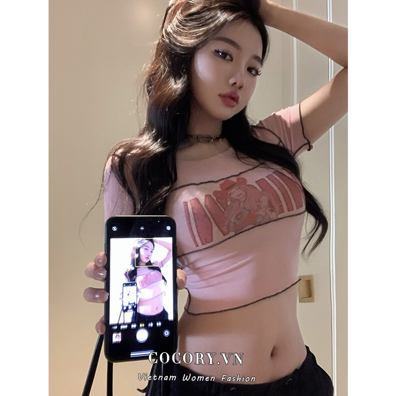 Cocory vn Áo Croptop Tay Ngắn Dáng Ôm In Chữ Thời Trang Quyến Rũ Cho Nữ