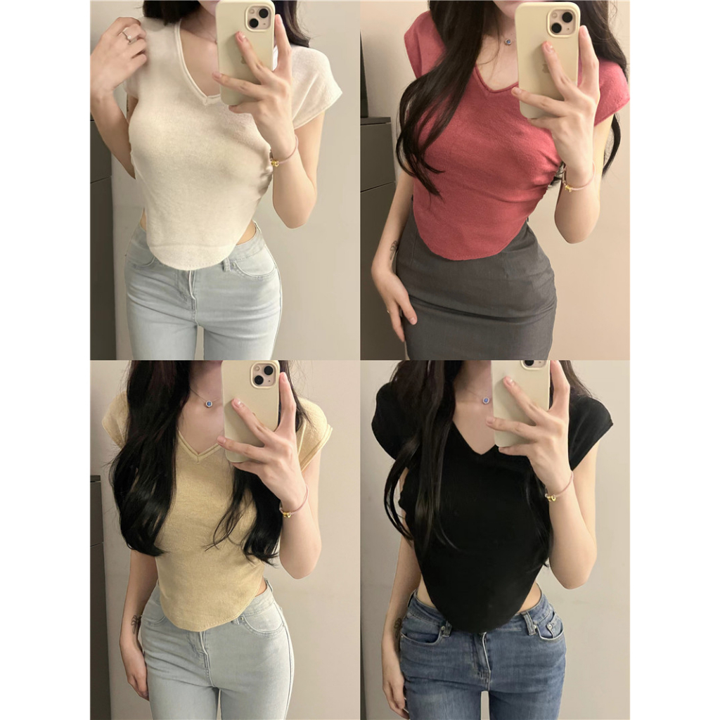Porozi Áo áo croptop thắt dây Thun Dệt Kim Tay Ngắn Cổ Chữ V Dáng Ôm Phong Cách Hàn Quốc Thời Trang Mùa Hè Cho Nữ