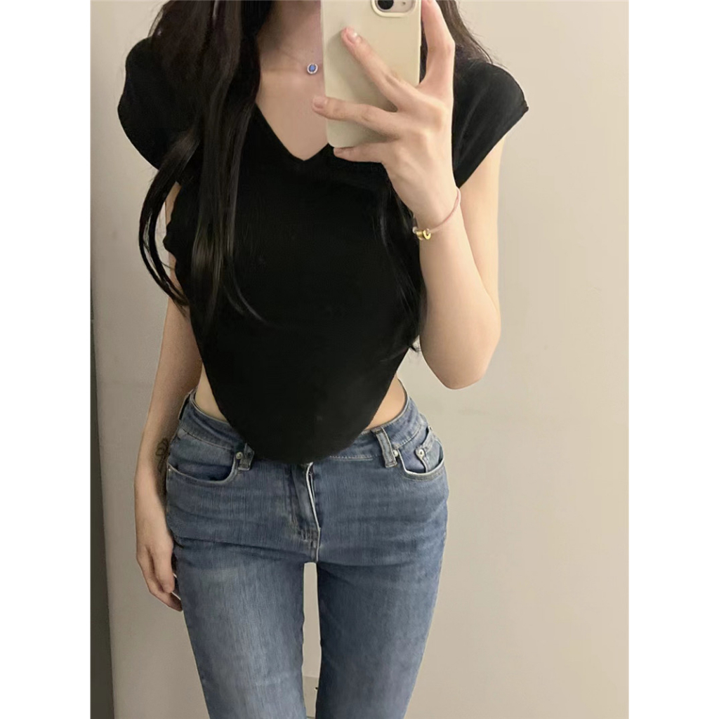 Porozi Áo áo croptop thắt dây Thun Dệt Kim Tay Ngắn Cổ Chữ V Dáng Ôm Phong Cách Hàn Quốc Thời Trang Mùa Hè Cho Nữ