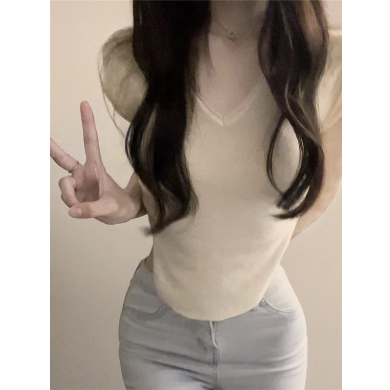Porozi Áo áo croptop thắt dây Thun Dệt Kim Tay Ngắn Cổ Chữ V Dáng Ôm Phong Cách Hàn Quốc Thời Trang Mùa Hè Cho Nữ