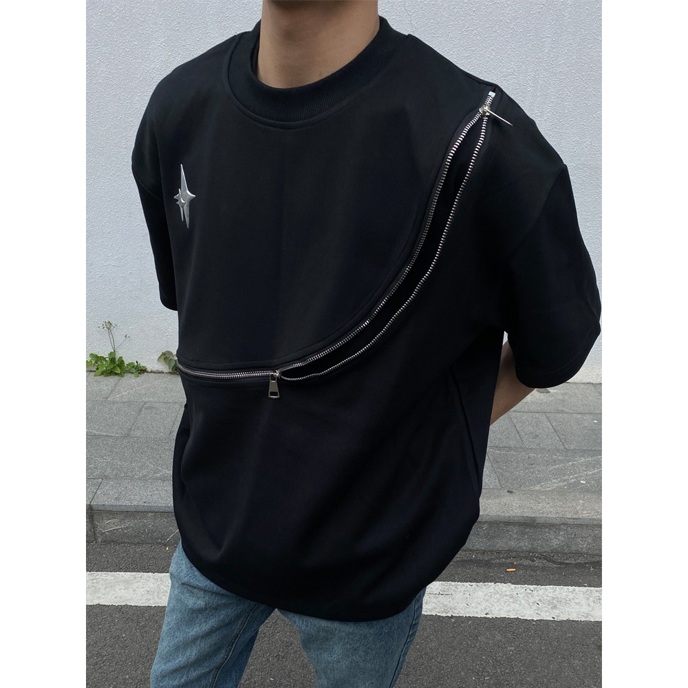 Áo Thun cotton Tay Ngắn Cổ Tròn Phối Khóa Kéo In Họa Tiết Ba Chiều Thời Trang Cho Nam