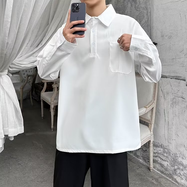 Áo Sơ Mi Tay Dài Cổ Đứng Màu Trơn Phối Túi Có 3 Màu Size M-2XL Thời Trang Xuân Thu Cho Nam Giới