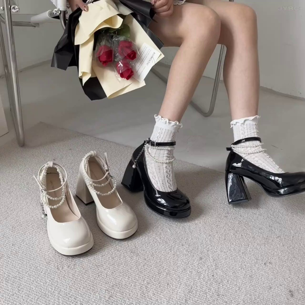 Aès Giày cao gót giày búp bê đơn màu với đế dày chống nước, kiểu Mary Jane dày đặc cho phụ nữ B25G05M 17Z23042304