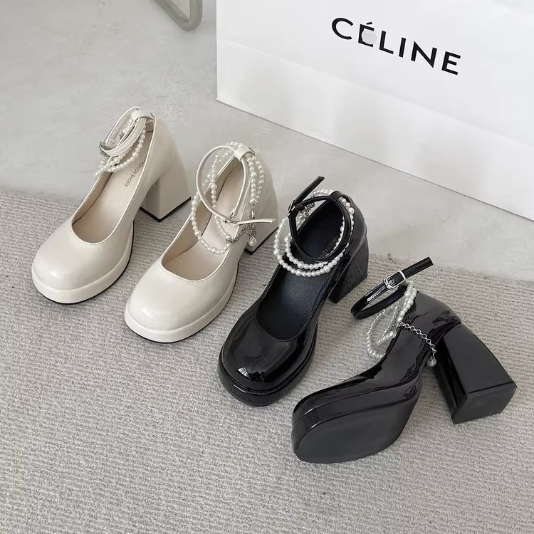 Aès Giày cao gót giày búp bê đơn màu với đế dày chống nước, kiểu Mary Jane dày đặc cho phụ nữ B25G05M 17Z23042304