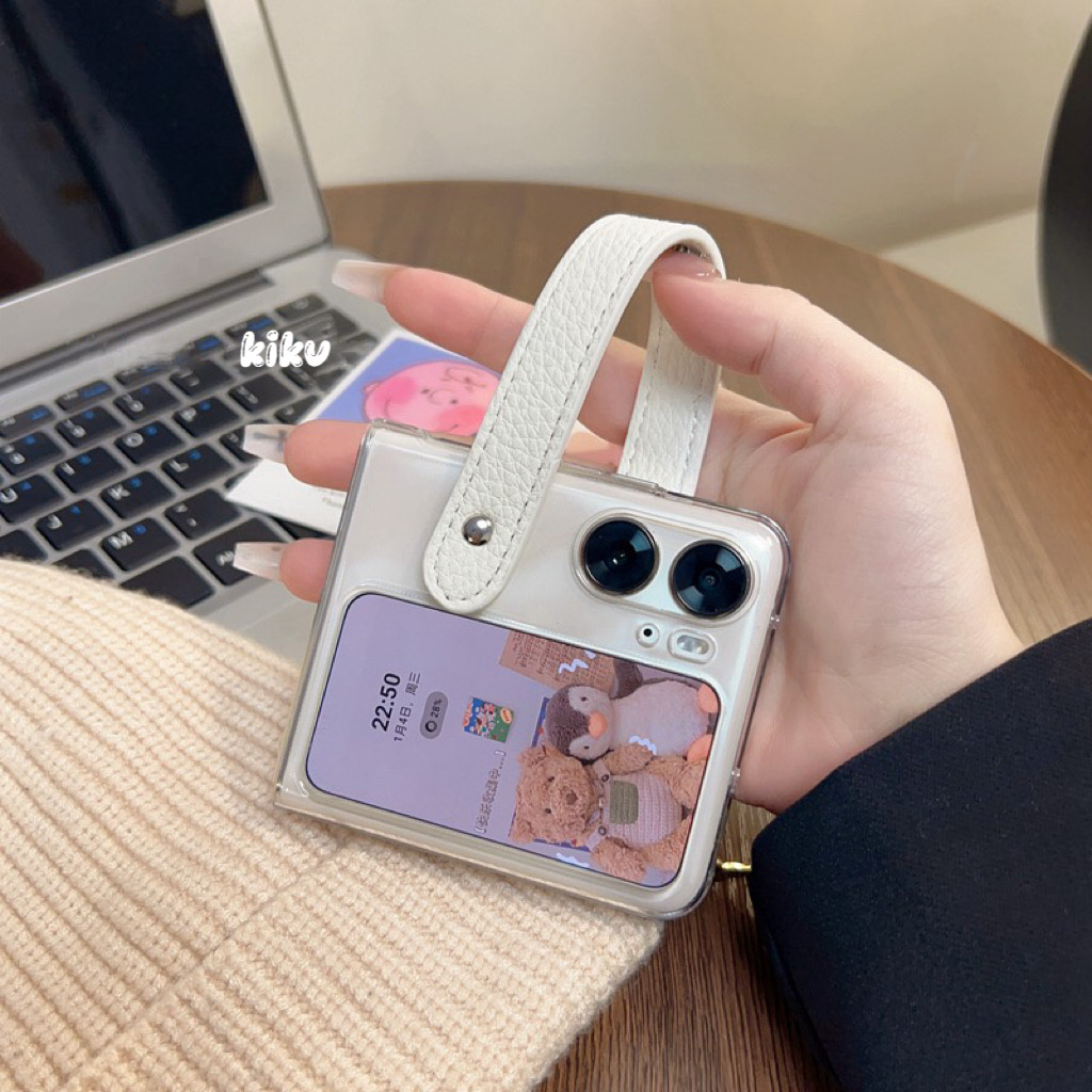 Ốp Lưng Điện Thoại Lật Trong Suốt Siêu Mỏng Có Dây Đeo OPPO Find N2 Flip Thiết Kế Đơn Giản Dễ Thương Chống Sốc