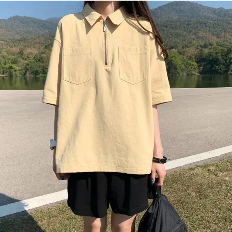 Áo Thun polo Ngắn Tay Dáng Rộng Phong Cách Hàn Quốc Cho Nữ