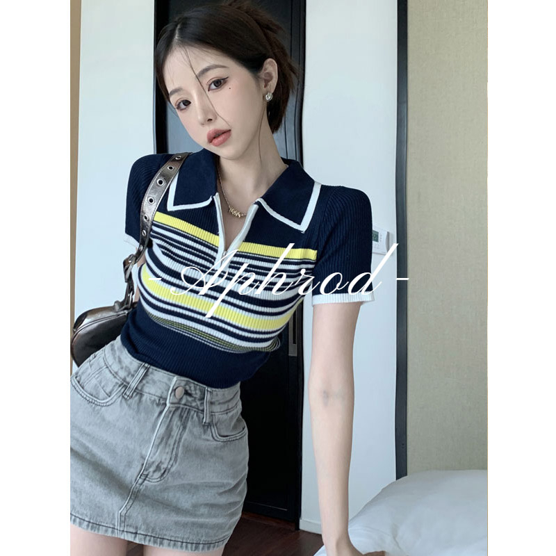 Áo Thun polo Ngắn Tay Họa Tiết Sọc Ngang Thời Trang Dành Cho Nữ