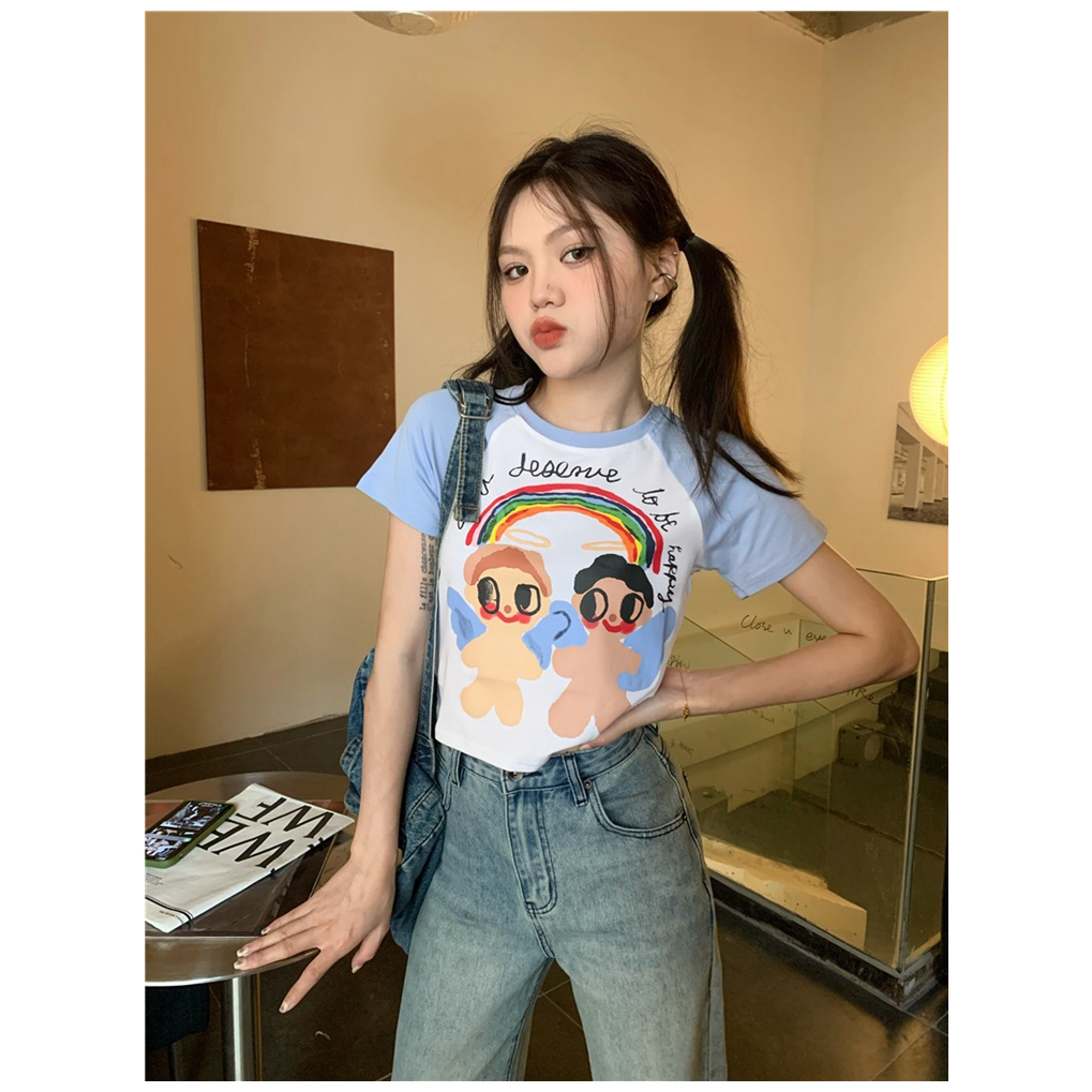 Áo Thun Tay Ngắn Màu Sắc Tương Phản Thời Trang Cho Nữ