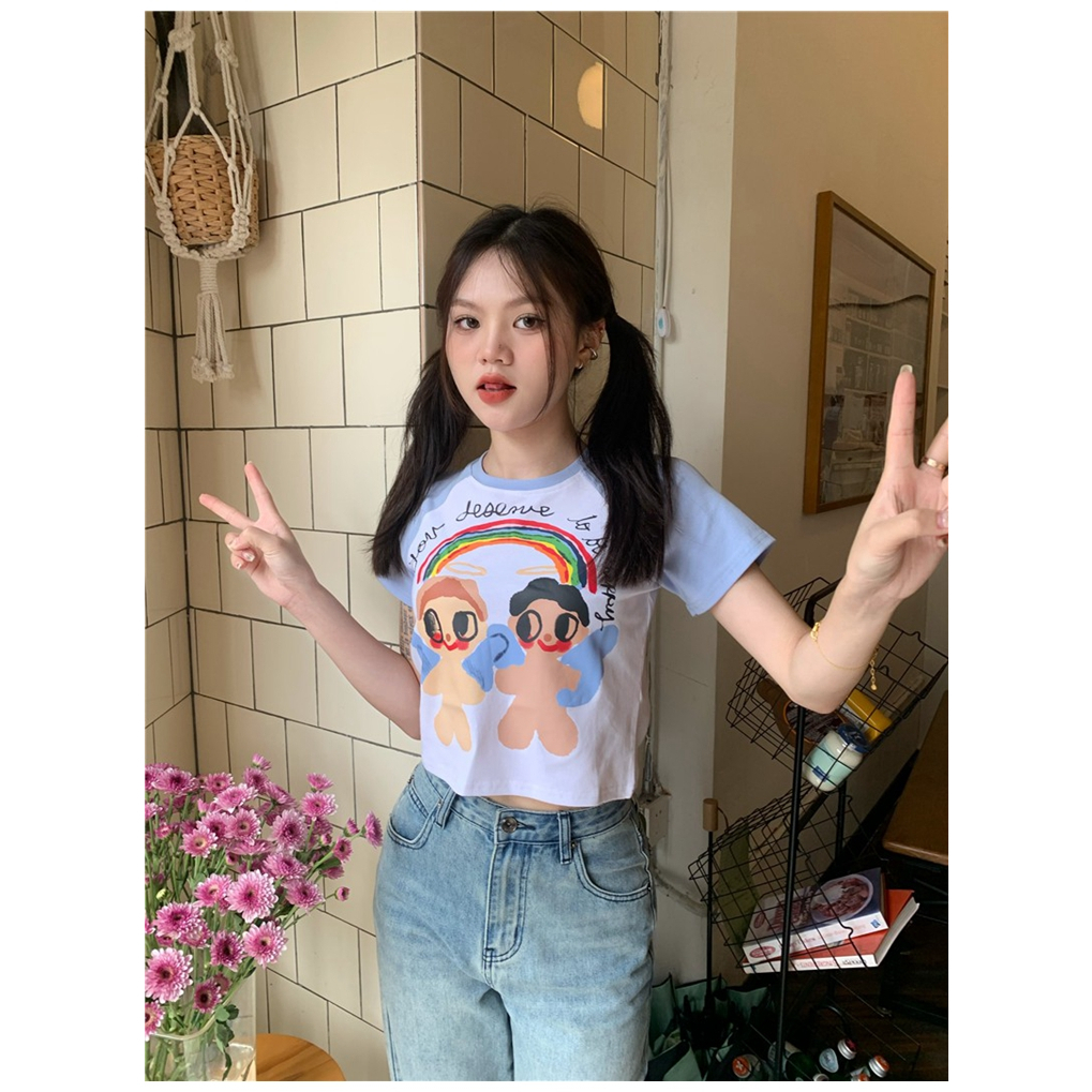 Áo Thun Tay Ngắn Màu Sắc Tương Phản Thời Trang Cho Nữ