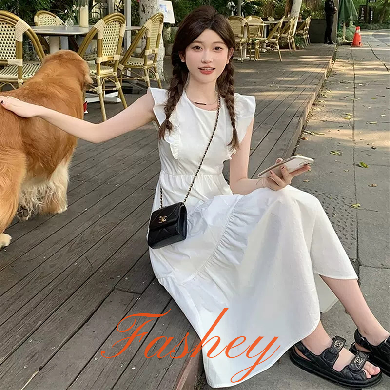 Fashey Đầm Midi Màu Trắng Tay Bay Phong Cách Pháp Thời Trang Mùa Hè Xinh Xắn Cho Nữ