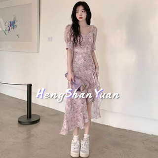 Đầm Dài Cổ Vuông Xẻ Tà In Họa Tiết Hoa Phong Cách Pháp Thời Trang Mùa Hè Cho Nữ