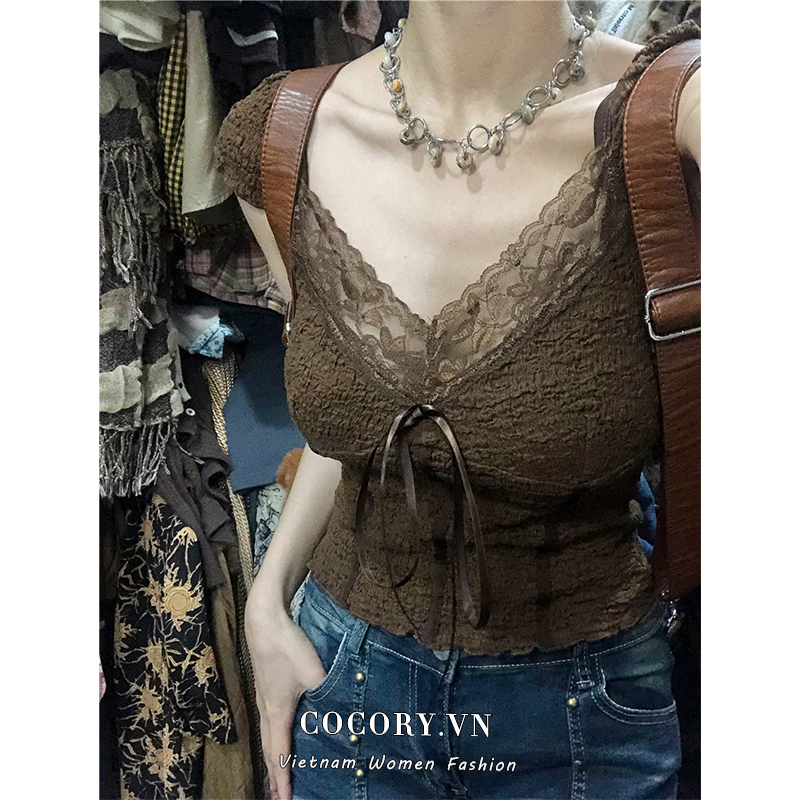 Cocory vn Áo Ren Ngắn Tay Quyến Rũ Cho Nữ