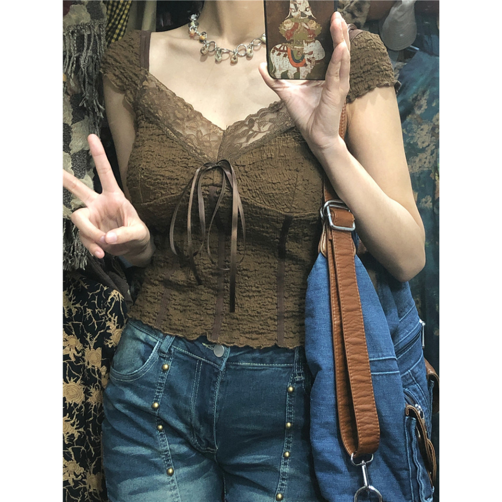 Cocory vn Áo Ren Ngắn Tay Quyến Rũ Cho Nữ