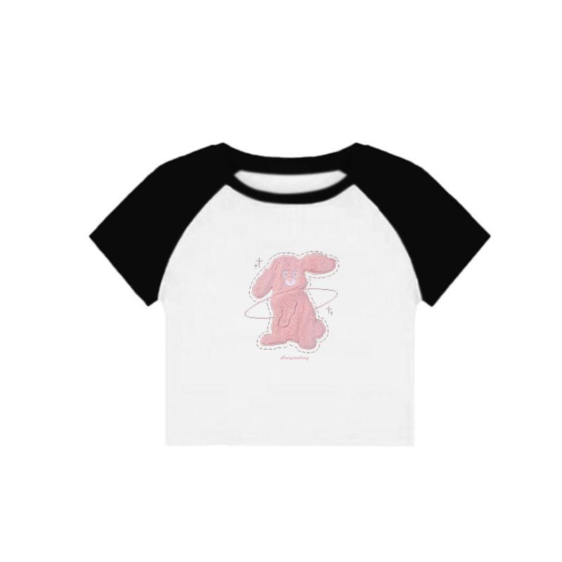 ihkke Áo Thun Raglan Màu Trắng Đen In Hình Thỏ Hồng Cho Cặp Đôi