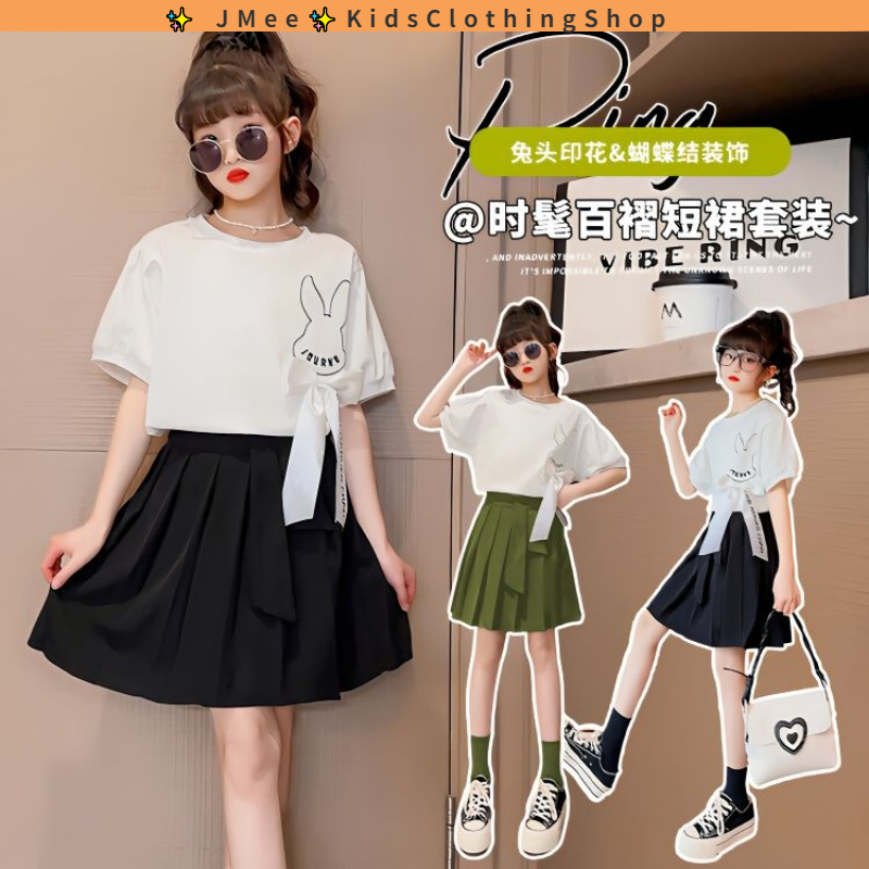 Set Áo Thun Ngắn Tay + Chân Váy Xếp Ly Thời Trang Mùa Hè Cho Bé Gái 3-14 Tuổi
