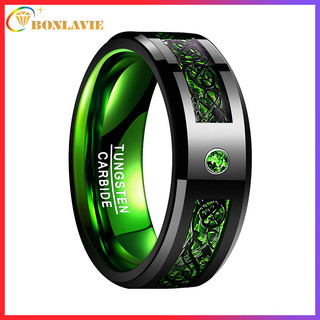  BONLAVIE Xanh 100% Thật Vonfram Carbide Nhẫn Cưới Celtic Rồng Xanh Sợi Carbon Cho Nam 8mm Size 7 đến 14 