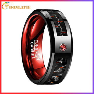   Hỗ trợ khắc  Nhẫn cacbua vonfram màu đỏ   xanh   đen BONLAVIE 8mm dành cho nam với dây đeo đám cưới bằng sợi Carbon CZ Inlay viền vát thoải mái Kích thước 6-15 