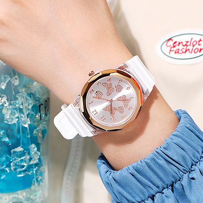 Đồng Hồ Đeo Tay Nữ Dây Silicone Mặt Tròn Đính Đá Thời Trang