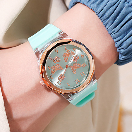 Đồng Hồ Đeo Tay Nữ Dây Silicone Mặt Tròn Đính Đá Thời Trang