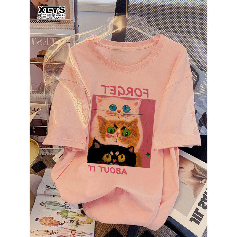 Áo thun XINLANYASHE cotton cổ tròn dáng rộng in họa tiết mèo phong cách Hàn Quốc đáng yêu cho nữ