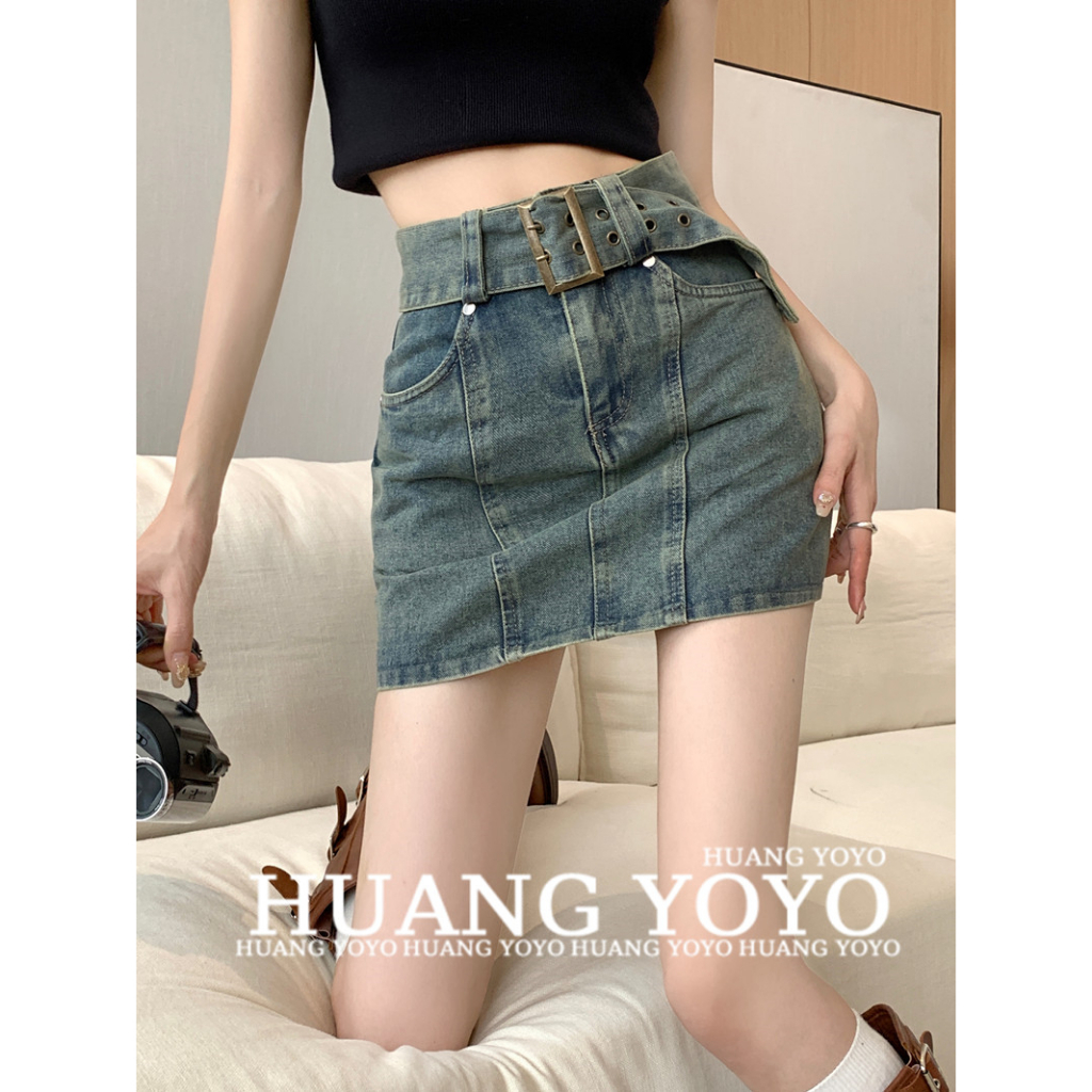 HUANG YOYO Chân váy jean Chữ A Lưng Cao Thời Trang Vintage Cho Nữ