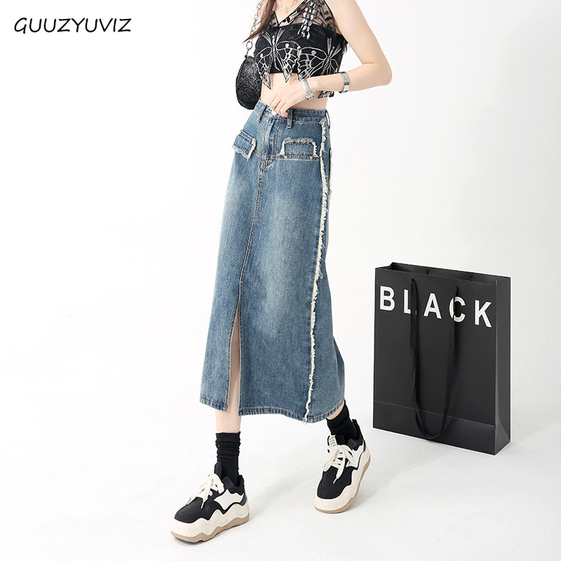 Chân Váy Jeans Xẻ Tà Lưng Cao Có Túi