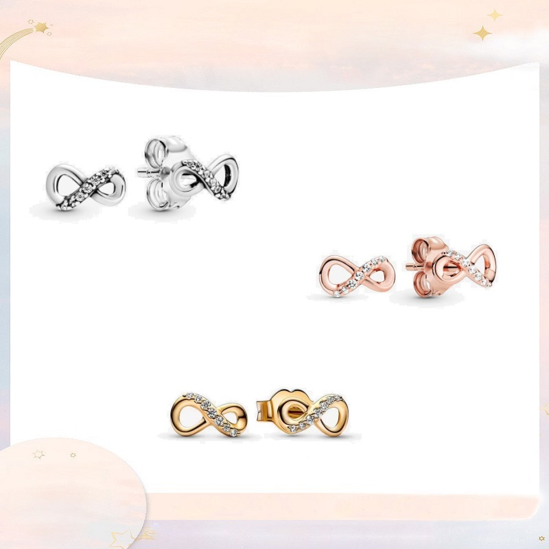 PANDORA Bông Tai Mạ Bạc 925s Hình Vô Cực Lấp Lánh