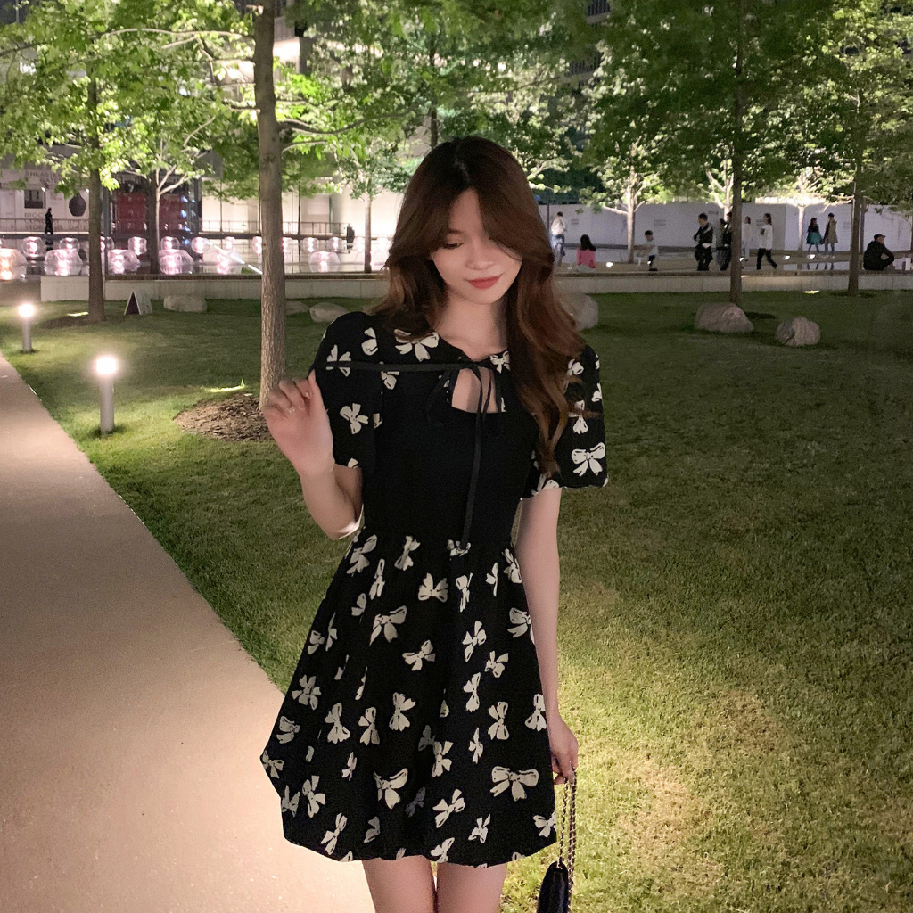 Đầm Ngắn Tay In Họa Tiết Bướm Thời Trang Xuân Hè Hàn Quốc Mới 2023