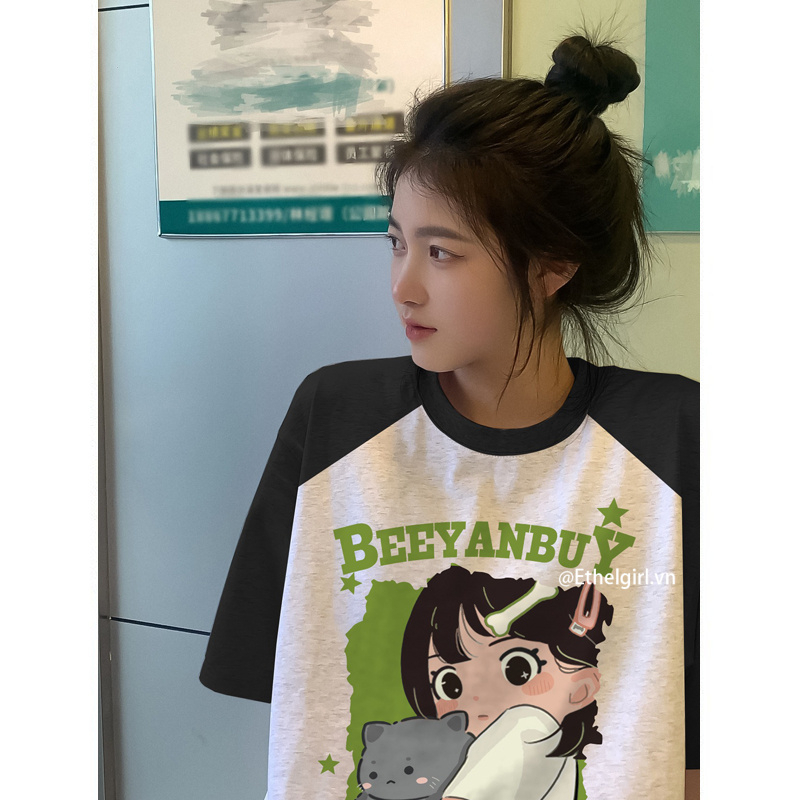 Ethelgirl Áo Thun Tay Ngắn Dáng Rộng In Họa Tiết Thời Trang Hàn Quốc Dành Cho Nam Nữ