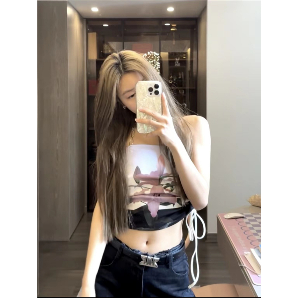 QADCOL Áo Quấn Ngực Dạng Ngắn Không Tay Họa Tiết Hoa Phối Dây Xích Kim Loại Thời Trang Mùa Hè Cho Nữ áo croptop