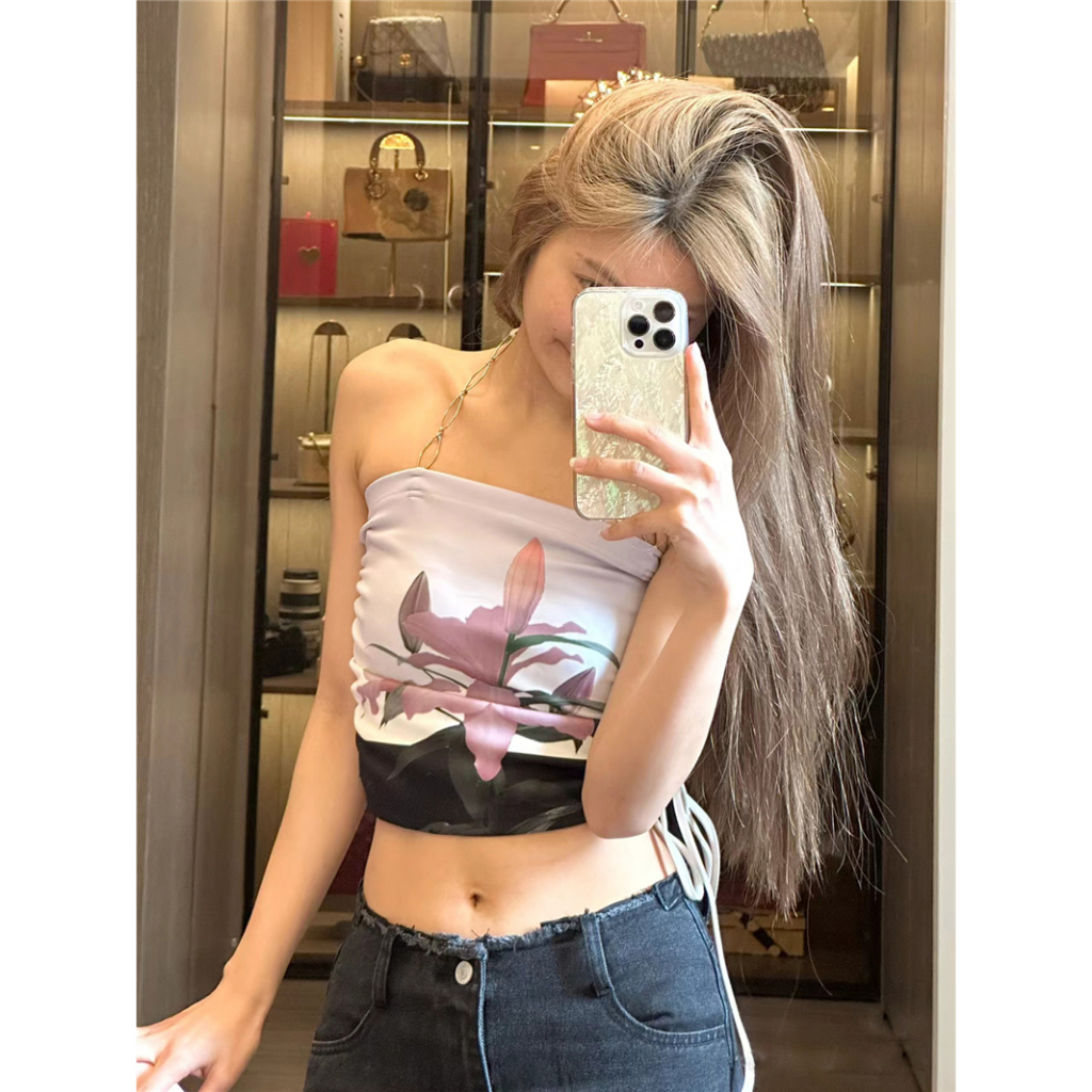 QADCOL Áo Quấn Ngực Dạng Ngắn Không Tay Họa Tiết Hoa Phối Dây Xích Kim Loại Thời Trang Mùa Hè Cho Nữ áo croptop