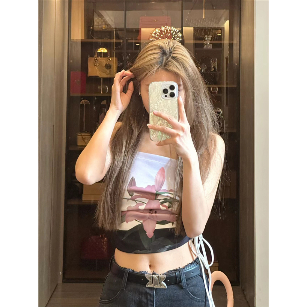 QADCOL Áo Quấn Ngực Dạng Ngắn Không Tay Họa Tiết Hoa Phối Dây Xích Kim Loại Thời Trang Mùa Hè Cho Nữ áo croptop