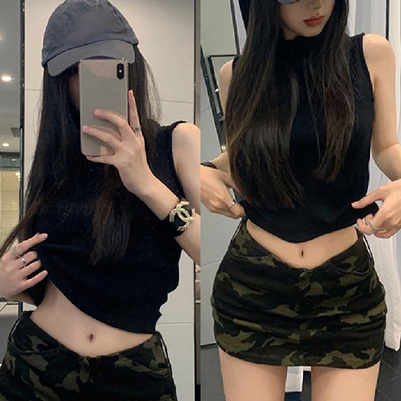 Bộ Áo Đen Sát Nách + Chân váy jean Chữ A Eo Cao Họa Tiết Rằn Ri Thời Trang Mùa Hè Cho Nữ