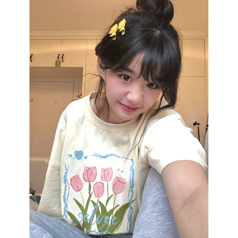 Áo Thun Rộng Tay Ngắn Cổ Tròn In Hình Hoa Màu Trắng Đen Thời Trang Dành Cho Nữ