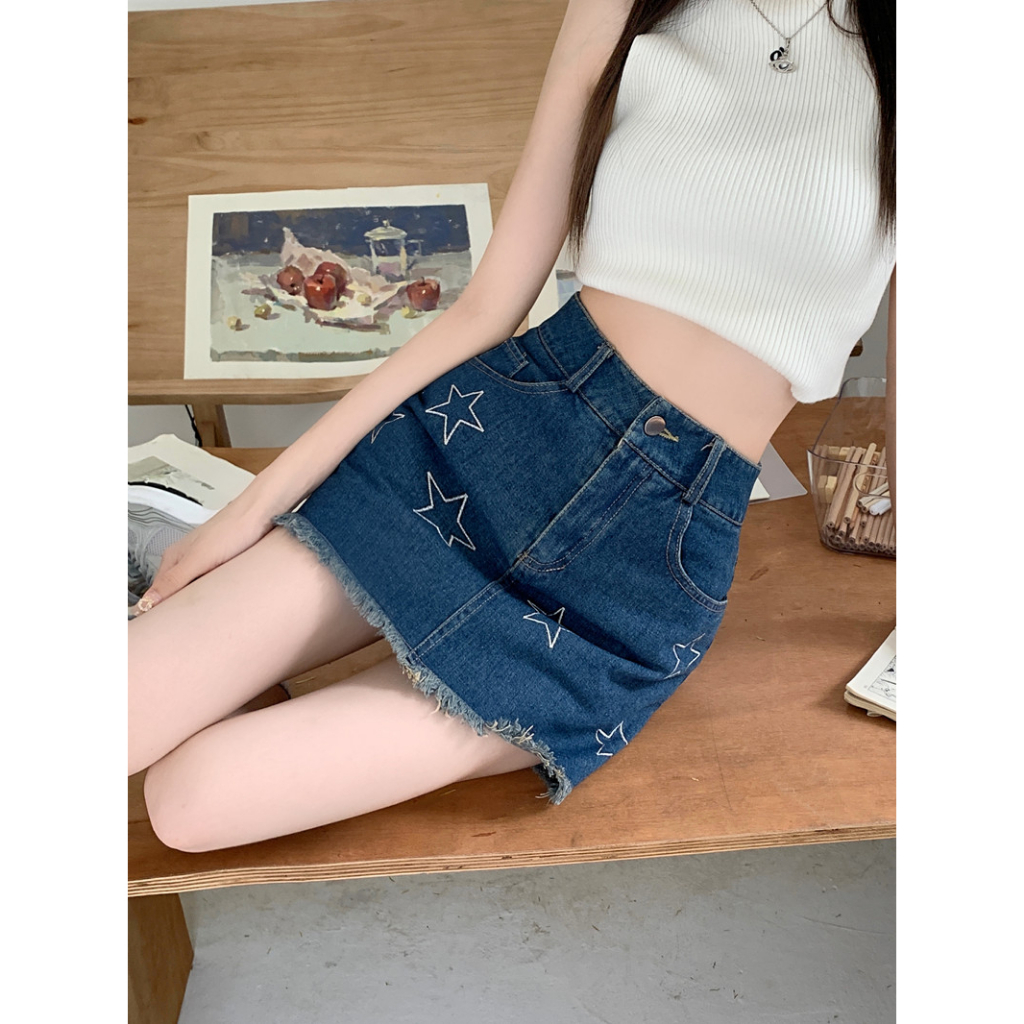 Lalisas Chân váy jean Ngắn Chữ A Lưng Cao Thêu Hình Ngôi Sao Phong Cách retro Mỹ Cho Nữ