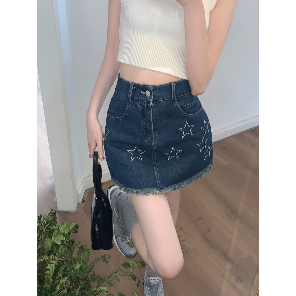 Lalisas Chân váy jean Ngắn Chữ A Lưng Cao Thêu Hình Ngôi Sao Phong Cách retro Mỹ Cho Nữ