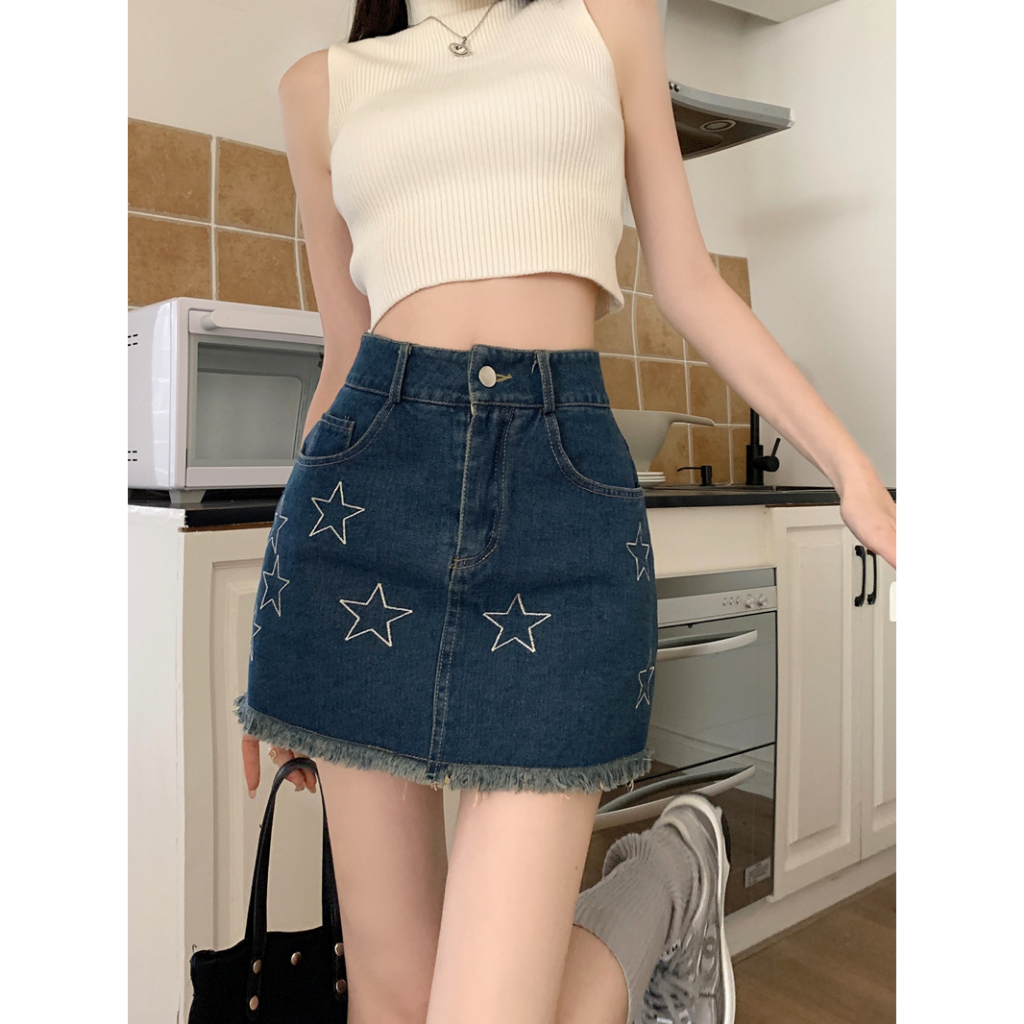 Lalisas Chân váy jean Ngắn Chữ A Lưng Cao Thêu Hình Ngôi Sao Phong Cách retro Mỹ Cho Nữ