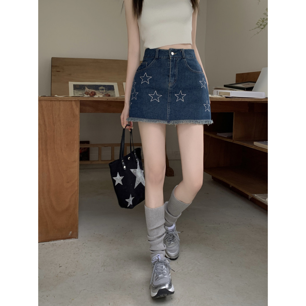 Lalisas Chân váy jean Ngắn Chữ A Lưng Cao Thêu Hình Ngôi Sao Phong Cách retro Mỹ Cho Nữ