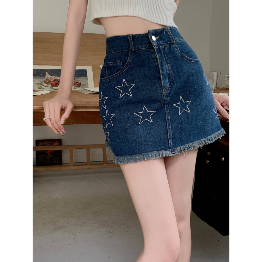 Lalisas Chân váy jean Ngắn Chữ A Lưng Cao Thêu Hình Ngôi Sao Phong Cách retro Mỹ Cho Nữ