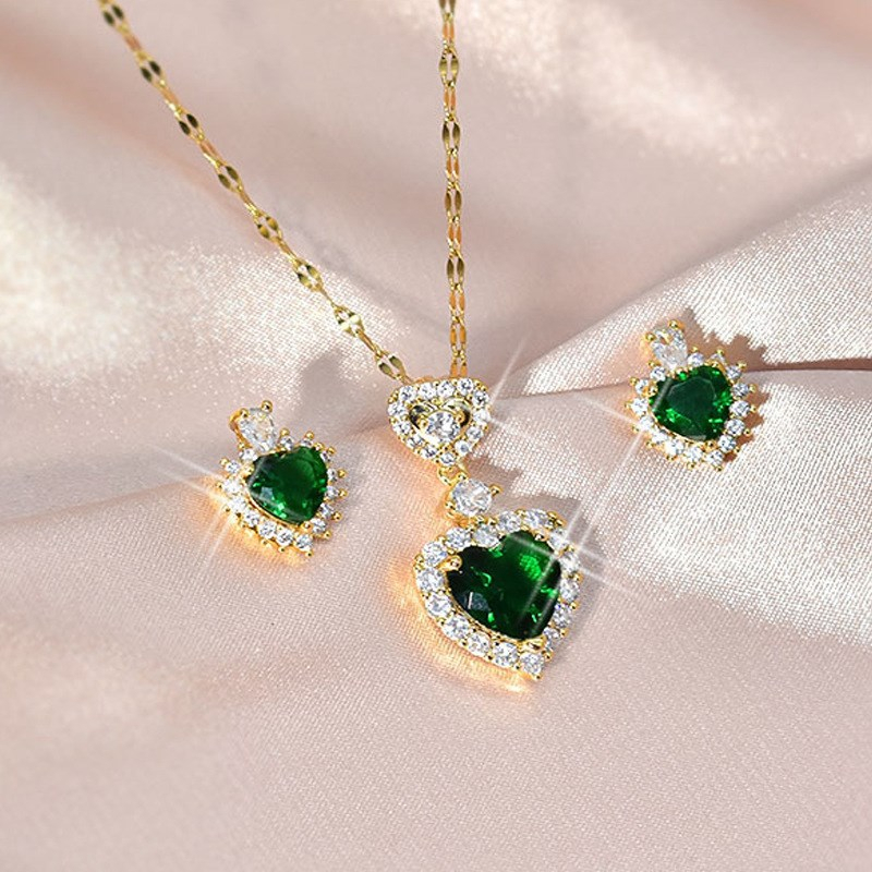 Bộ Vòng cổ + Bông Tai Đính Đá Zircon Xanh Lá Thời Trang Hàn Quốc Cho Nữ