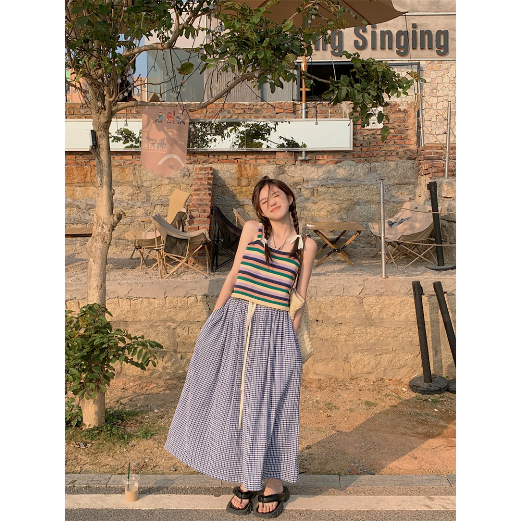 kumikumi HUANG YOYO Áo croptop Hai Dây Dệt Kim Họa Tiết Kẻ Sọc Thời Trang Hàn Quốc Cho Nữ