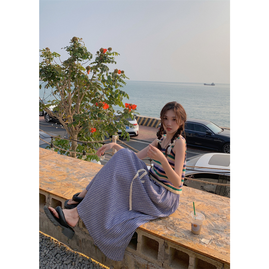 kumikumi HUANG YOYO Áo croptop Hai Dây Dệt Kim Họa Tiết Kẻ Sọc Thời Trang Hàn Quốc Cho Nữ