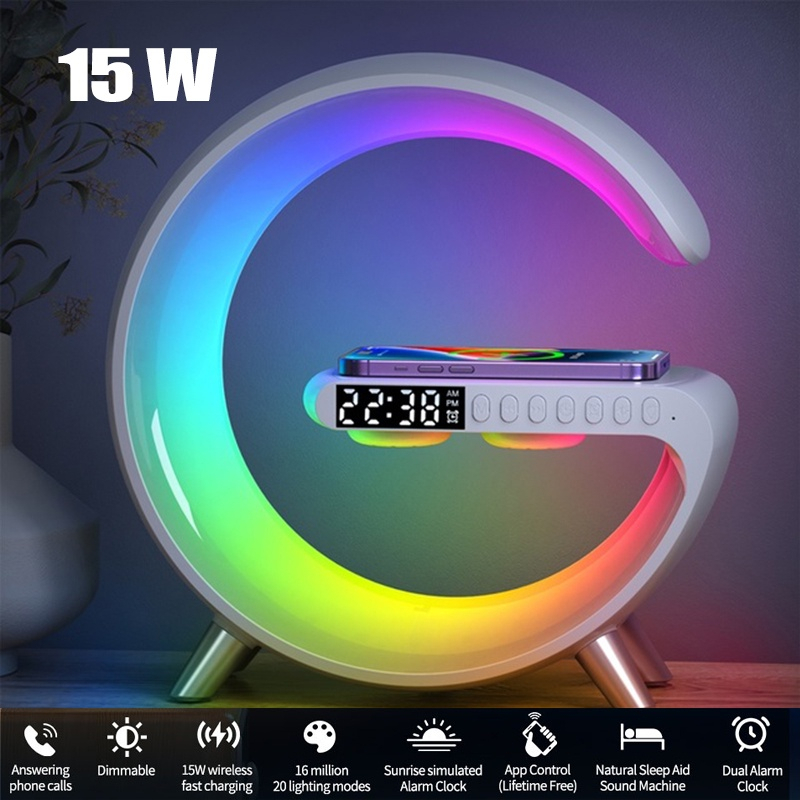 Sạc 15W Đồng hồ Awakener Đèn bàn Khí quyển lấy sáng RGB không cần Loa Bluetooth có ứng dụng điều khiển cho iPhone 14 13 12 11 8