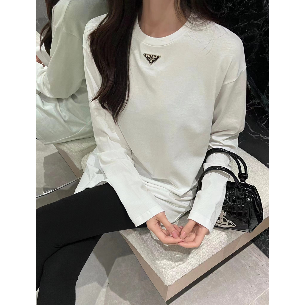 Áo Thun Cotton Tay Dài In Logo Prada 240g Thời Trang Mùa Xuân Cổ Điển