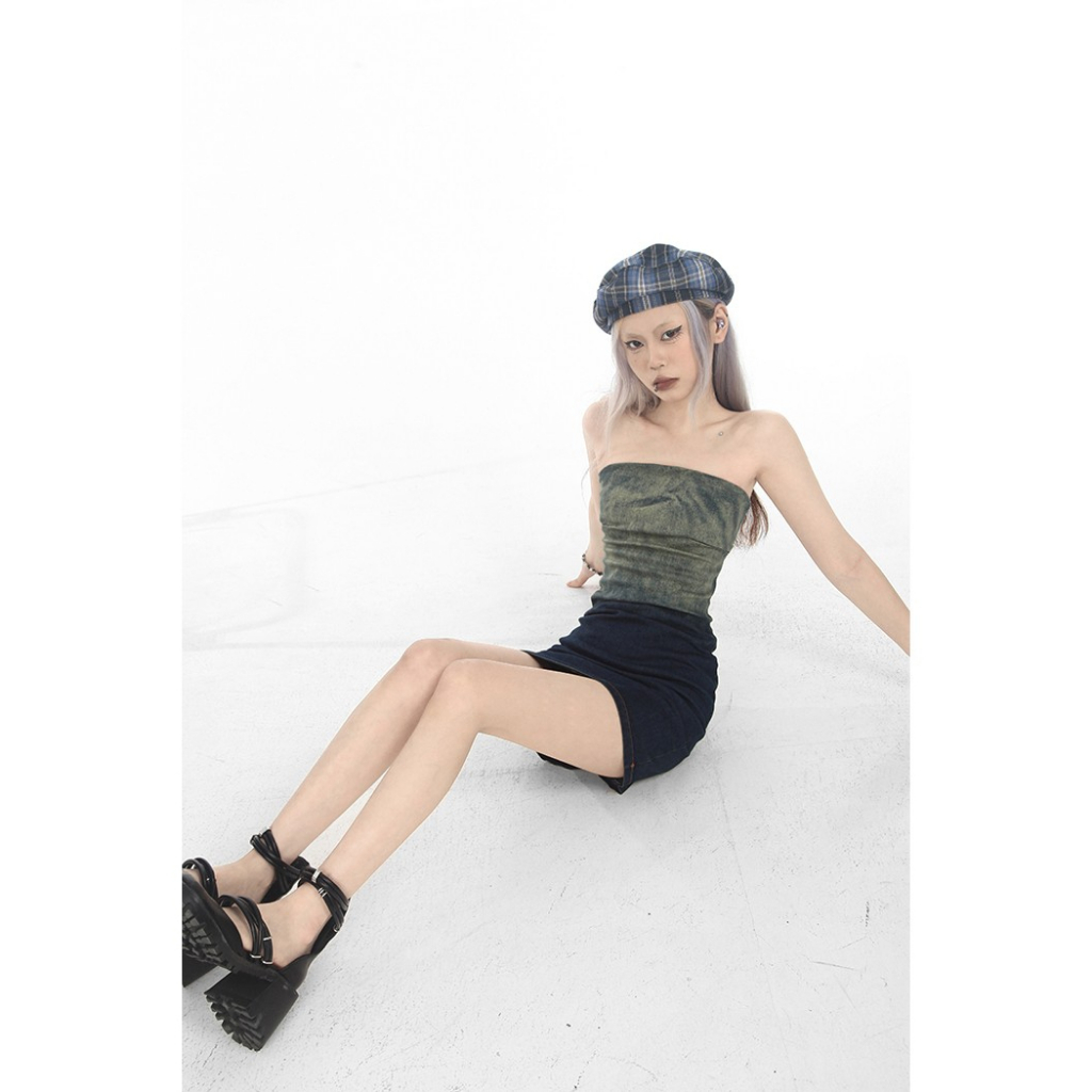 Đầm Denim Ôm Ngực Màu Gradient Thời Trang Mùa Hè Dành Cho Nữ