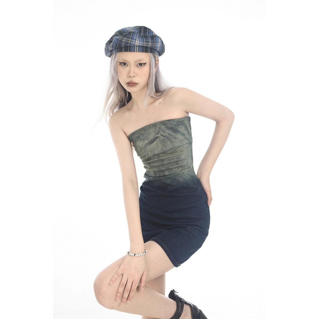 Đầm Denim Ôm Ngực Màu Gradient Thời Trang Mùa Hè Dành Cho Nữ