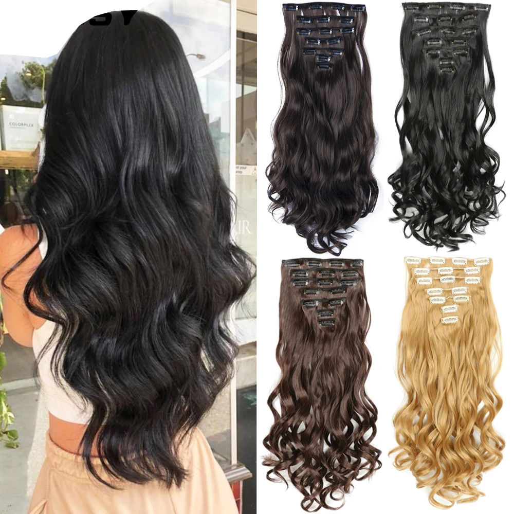 Set 7 / 16 Kẹp Nối Tóc Giả 22Inch Nối Dài Xoăn Gợn Sóng Bằng Sợi Tổng Hợp Chịu Nhiệt Độ Cao