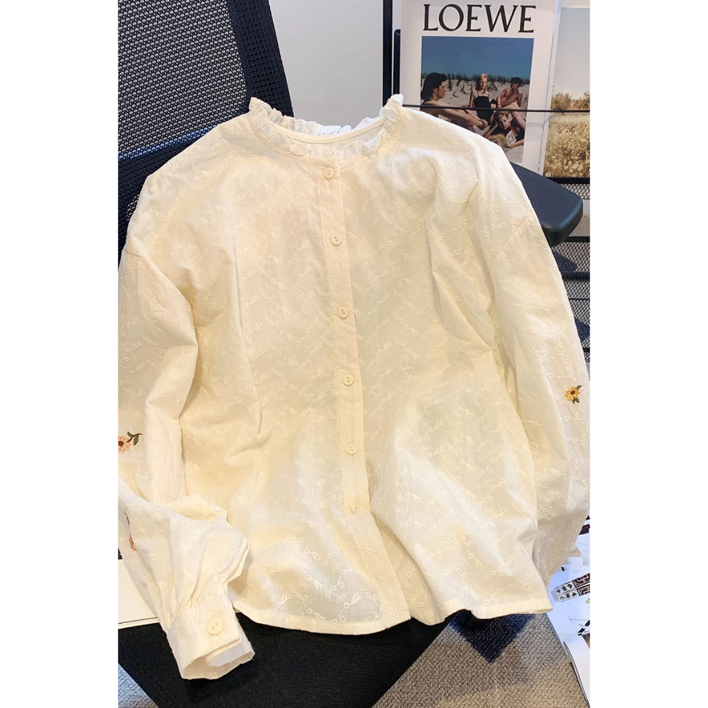 Áo Sơ Mi Cotton Dài Tay Thêu Hoa Phong Cách Hàn Quốc Cho Nữ