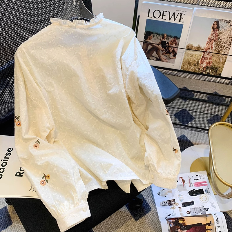 Áo Sơ Mi Cotton Dài Tay Thêu Hoa Phong Cách Hàn Quốc Cho Nữ