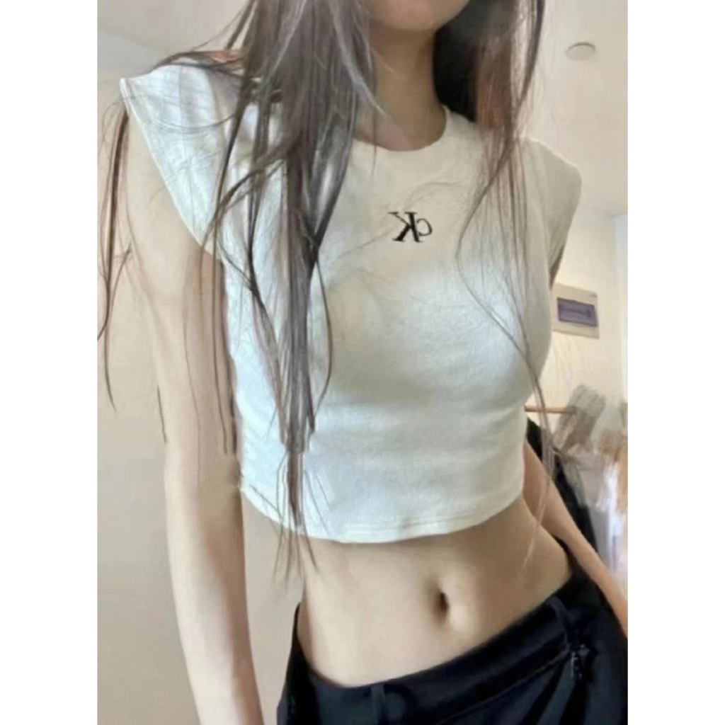 CK Áo Thun Dệt Kim Ngắn Tay Ôm Dáng Thêu Chữ Thời Trang Cho Nữ